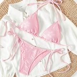 Swim Conjunto de bikini de dos piezas para mujer con estampado floral, cuello halter, adecuado para el verano y dia de San Valentin