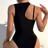 Swim Vestido de una sola pieza con cuello irregular y hueco exterior para mujer, traje de bano negro para vacaciones en la playa