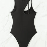 Swim Vestido de una sola pieza con cuello irregular y hueco exterior para mujer, traje de bano negro para vacaciones en la playa