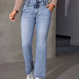 EZwear Jeans Para Mujer De Cintura Alta Con Bolsillo Inclinado Y Pierna Acampanada