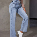EZwear Jeans Para Mujer De Cintura Alta Con Bolsillo Inclinado Y Pierna Acampanada