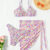 Swim Mod Conjunto De Bikini Con Estampado De Flores, Decoracion Circular Y Falda De Playa