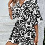 VCAY Ladies' Printed Leisure Vacation Batwing Sleeve Belted Shirt Romper