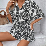 VCAY Ladies' Printed Leisure Vacation Batwing Sleeve Belted Shirt Romper