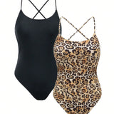 Swim Mujeres Traje De Bano De Una Sola Pieza Con Diseno Estampado En Color Solido Y Leopardo Con Conjunto A Juego De Cubierta