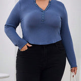 Essnce Women's Plus Size Plaid Half Button Up Waffle Knit Top