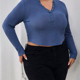 Essnce Women's Plus Size Plaid Half Button Up Waffle Knit Top