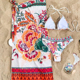 Conjunto De Traje De Bano De Bikini Con Estampado Floral Y Falda De Playa