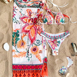Conjunto De Traje De Bano De Bikini Con Estampado Floral Y Falda De Playa