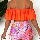 Swim Conjunto De Bikini De Recorte De Encaje Con Estampado Tropical Para Mujeres