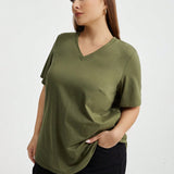 Essnce Plus  Size Spring And Summer Clothing New Fashion Casual Loose V-Neck Back Kink Design Point Short-Sleeved T-Shirt