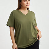 Essnce Plus  Size Spring And Summer Clothing New Fashion Casual Loose V-Neck Back Kink Design Point Short-Sleeved T-Shirt