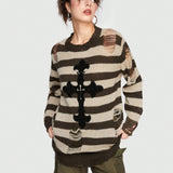 ROMWE Grunge Punk Sueter De Cuello Redondo Para Mujer Con Estampado A Rayas Y Cruzado Desgastado