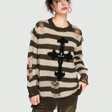 ROMWE Grunge Punk Sueter De Cuello Redondo Para Mujer Con Estampado A Rayas Y Cruzado Desgastado