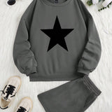 EZwear Conjunto casual y sencillo de 2 piezas con estampado de estrellas de cinco puntas, compuesto de una camisa de mangas largas y un pantalon corto, de corte holgado, ideal para el otono e invierno, para mujeres.