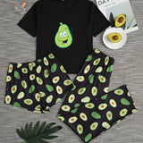 Conjunto De Pijama De Manga Corta Con Estampado De Aguacate Para Mujer. Incluye CamiConjuntoa Y Pantalones Cortos/largos