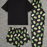 Conjunto De Pijama De Manga Corta Con Estampado De Aguacate Para Mujer. Incluye CamiConjuntoa Y Pantalones Cortos/largos