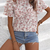 LUNE Blusa Con Dobladillo Con Volantes De Doble Capa Y Estampado Floral Para Mujer