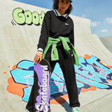 Street Sport Conjunto Deportivo De Chandal Para Dama: Sudadera Con Cuello A Rayas Y Manga Larga Junto Con Pantalones De Sudadera