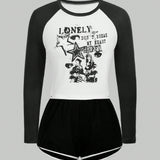 ROMWE Grunge Punk Conjunto De Pijama De Manga Larga Y Shorts Con Estampado De Eslogan Y Caricatura Para Mujer