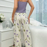Conjunto De Pantalones Largos Y Camiseta Sin Mangas Con Estampado De Tulipanes Para Mujer Para Uso Domestico