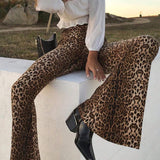Pantalones Acampanados Informales Con Estampado De Leopardo De Talle Alto Para Mujer, Modernos Y Ajustados