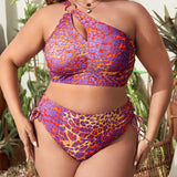 Swim Vcay Conjunto De Traje De Bano Completo De Talla Grande Para Mujer, Con Diseno Estampado Y Hombro Descubierto