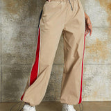 Pantalones Simples Con Cintura Suelta Con Cordon Y Color Contrastante