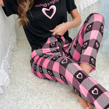 Conjunto De Pijama Con Forma De Corazon Con Camiseta Impresa Con Letras Y Pantalones De Cuadros