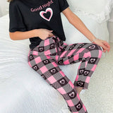 Conjunto De Pijama Con Forma De Corazon Con Camiseta Impresa Con Letras Y Pantalones De Cuadros