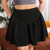 EZwear Women'S Plus Size Solid Color High Waist Pleated Skirt