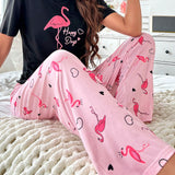Conjunto De Pijama Con Pantalones Sueltos Y Top De Manga Corta Con Estampado De Flamencos De Dibujos Animados