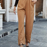 Frenchy Pantalones Rectos Casuales De Color Solido Para Mujer Con Cinturilla Elastica Y Detalle De Botones