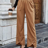 Frenchy Pantalones Rectos Casuales De Color Solido Para Mujer Con Cinturilla Elastica Y Detalle De Botones