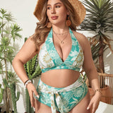 Swim Curve Conjunto De Bikini De Cuello Halter De Talla Grande Con Estampado Floral Para Mujeres