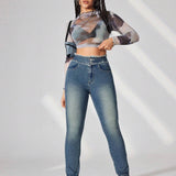 EZwear Jeans De Mujer Slim Fit En Jean Con Bajo Deshilachado Y Efecto Lavado