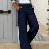 Pantalones Casuales De Pierna Ancha De Color Solido De Cintura Alta Para Mujer Con Cinturilla Elastica