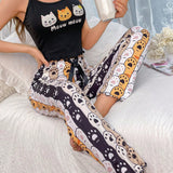 Conjunto De Pijama De Camiseta Sin Mangas Con Impresion De Gato Y Letras Para Mujer Y Pantalones Largos
