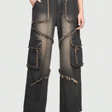 ROMWE Grunge Punk Pantalon Largo De Mezclilla Con Bolsillos De Solapa Lavados Y Desvanecidos