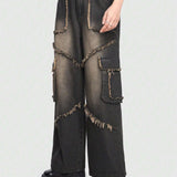 ROMWE Grunge Punk Pantalon Largo De Mezclilla Con Bolsillos De Solapa Lavados Y Desvanecidos