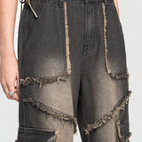 ROMWE Grunge Punk Pantalon Largo De Mezclilla Con Bolsillos De Solapa Lavados Y Desvanecidos