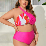 Swim Curve Conjunto De Traje De Bano Con Cuello Halter De Talla Grande Para Mujer Con Bloque De Color