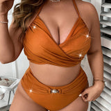 Swim Curve Conjunto de bikini con tirantes halter con pliegues solidos de talla grande, traje de bano de playa de verano