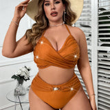 Swim Curve Conjunto de bikini con tirantes halter con pliegues solidos de talla grande, traje de bano de playa de verano