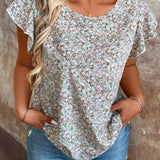 Blusa Con Dobladillo Con Volantes Y Estampado Floral De a Grande Con Cuello Redondo