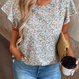 Blusa Con Dobladillo Con Volantes Y Estampado Floral De a Grande Con Cuello Redondo