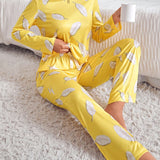 Conjunto De Pijama Con Estampado De Plumas Para Mujer