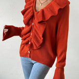 Essnce Cardigan De Color Solido Con Ribete De Volantes