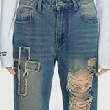 ROMWE Grunge Punk Pantalones Jeans Informales De Mezclilla Rasgados Y Desgastados Con Bordado En Cruz Y Parche Para Mujeres Al Estilo Punk, Ropa Urbana