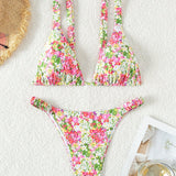 Swim Mod Conjunto De Bikini De Camiseta Impresa Floral Para Mujeres, Ideal Para Carnaval